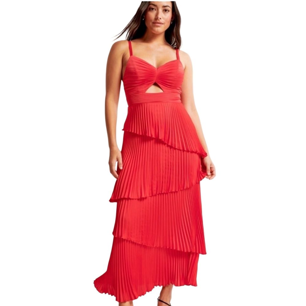 Abercrombie & Fitch A&F Giselle Pleated Tiered Maxi Dress Red Satin XS Petite